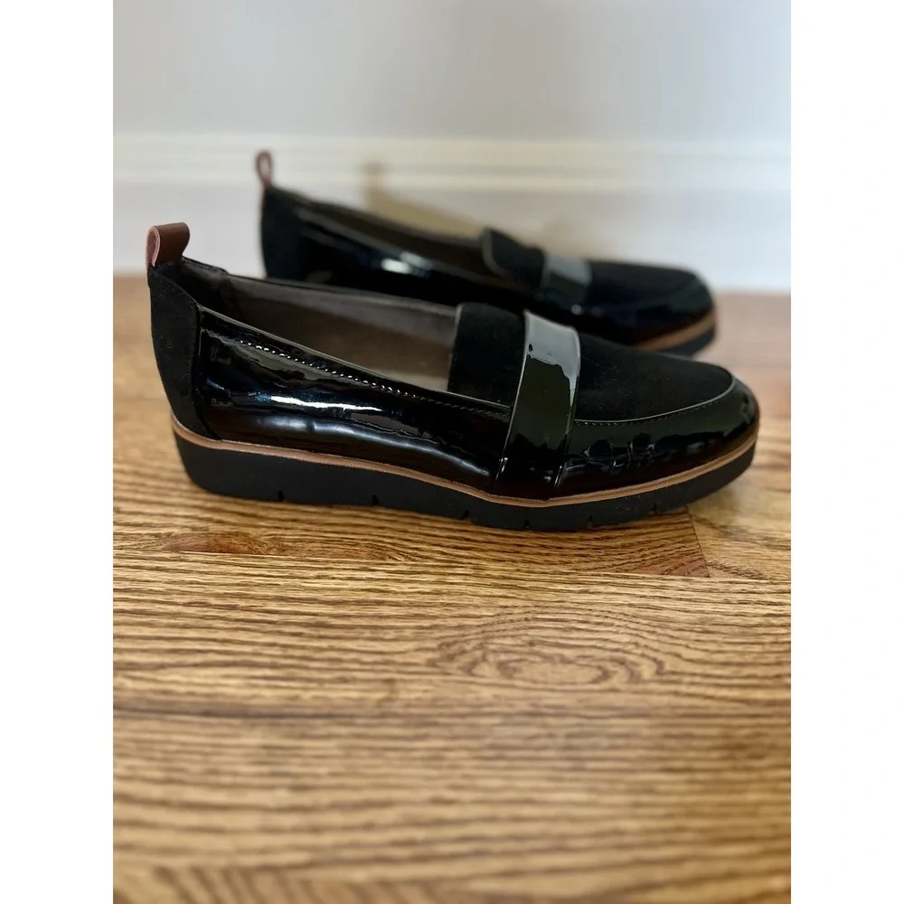 Dr. Scholl's Webster Preppy Loafers Black Slip‎ On Faux Patent Microsuede Sz 6.5